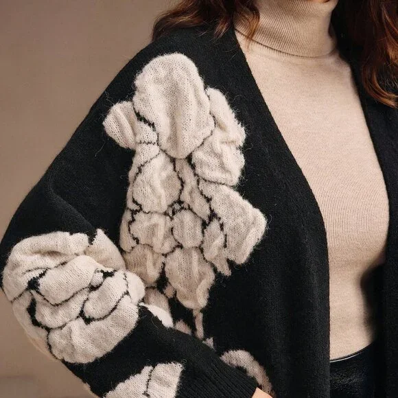 Black Casual Women's Elegant Loose Fit Jacquard Floral Cardigan, Mid-Length - Picture 7 of 7